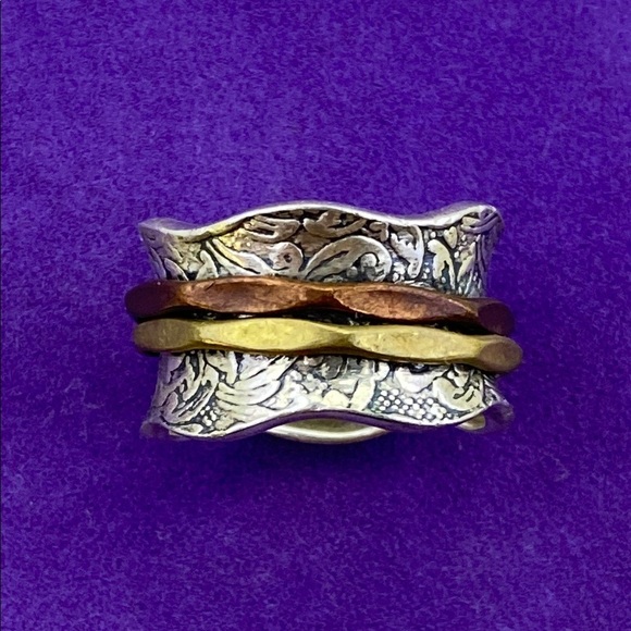 💛 Elegant Sterling Silver, Gold, and Copper Meditation Spinner Ring - Picture 1 of 6